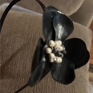 TASHA Satin Headband with Leather Flower, Faux Pearls, Rhinestones